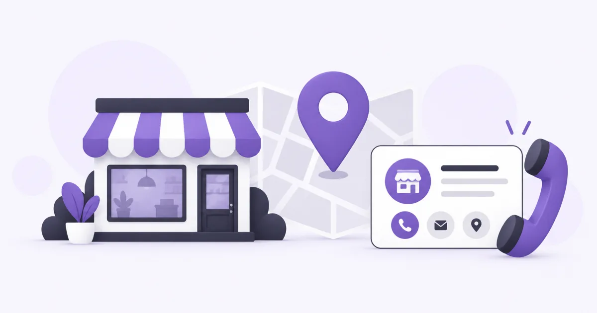 Un comercio junto a un pin del mapa y una tarjeta de contacto con teléfono.