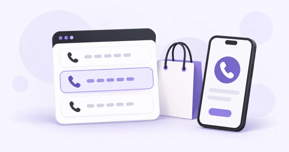 Phone-number selection beside a shopping bag and smartphone.