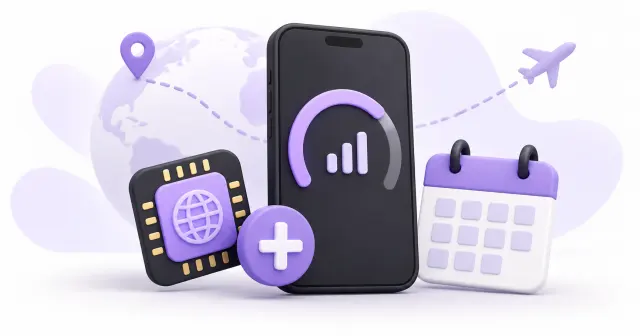 Datenanzeige eines Smartphones neben eSIM, Pluszeichen und Kalender.