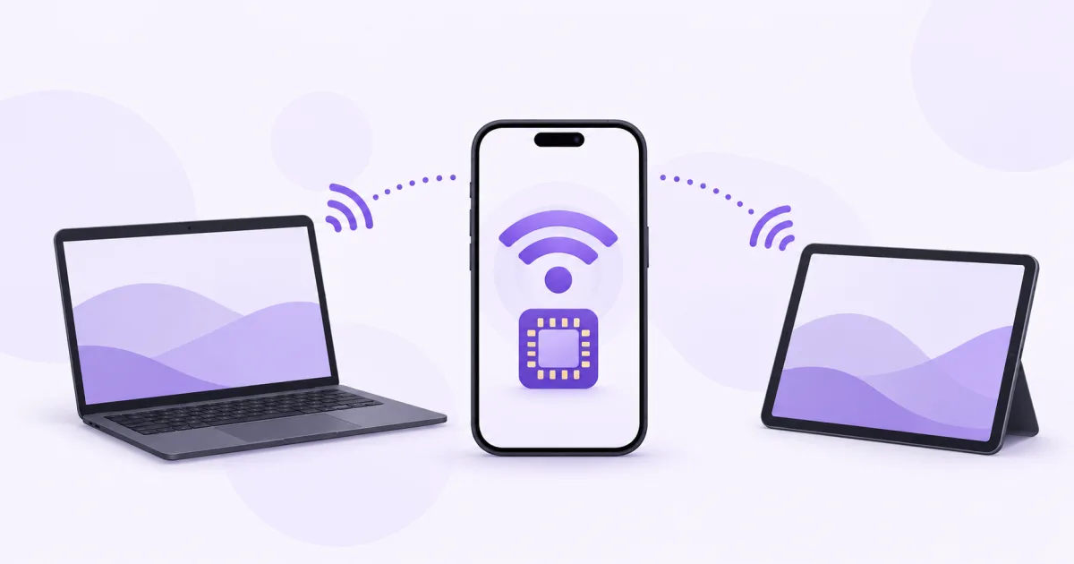 Un móvil con eSIM y señal Wi-Fi comparte conexión con portátil y tableta.