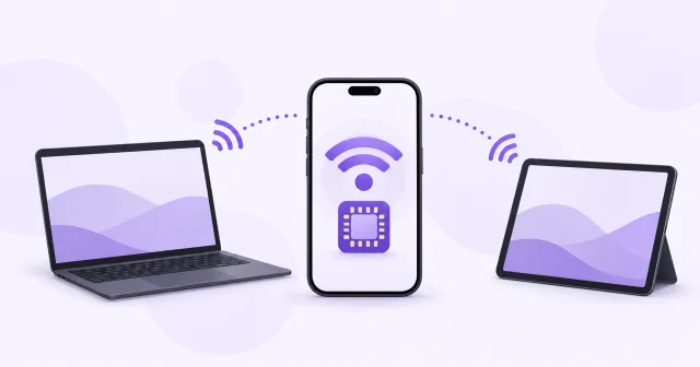 eSIM फ़ोन से Wi-Fi पर जुड़े लैपटॉप और टैबलेट।