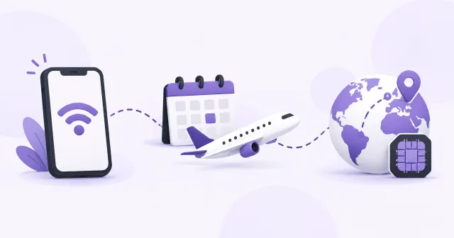फ़ोन और Wi-Fi, कैलेंडर और विमान, फिर गंतव्य का ग्लोब और eSIM चिप।