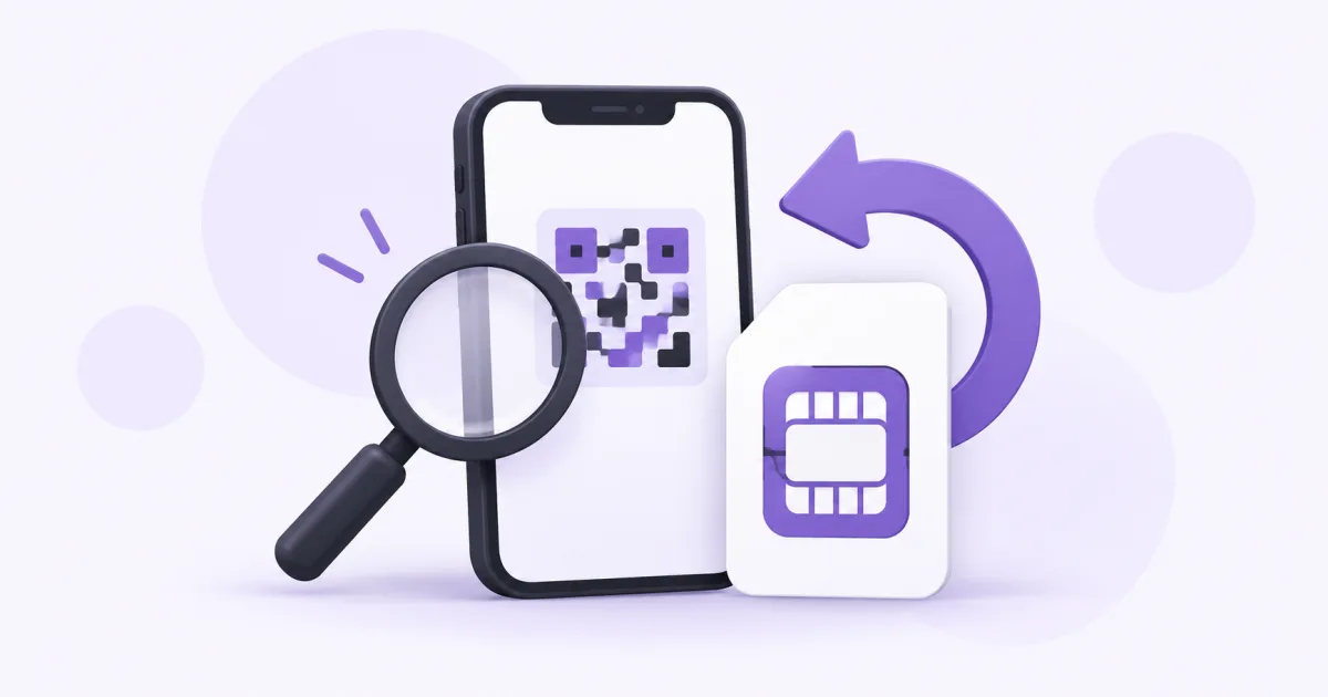 Un teléfono con QR abstracto, tarjeta eSIM, lupa y flecha de recuperación.