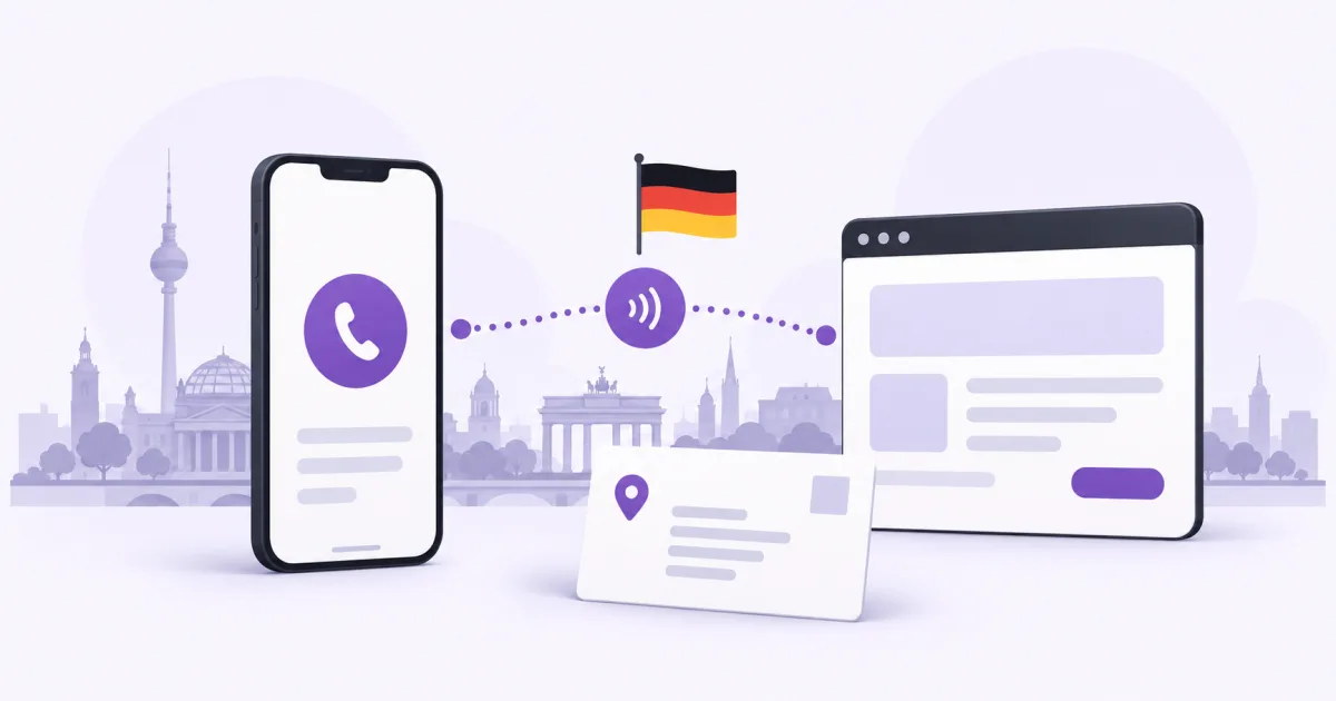 Un teléfono y un navegador junto a la bandera alemana, una ciudad y un documento de dirección.