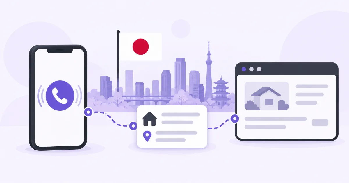 Un teléfono y un navegador junto a la bandera japonesa, una ciudad y un documento de dirección.