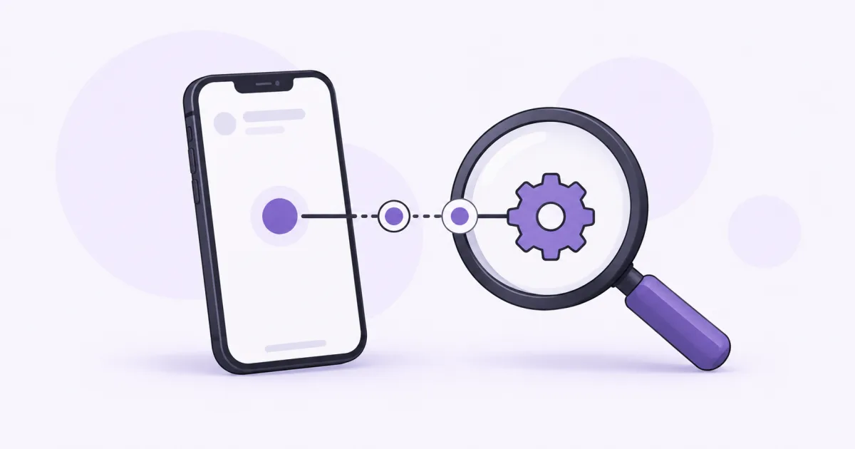 虫眼鏡で電話の接続と設定を確認するイラスト。