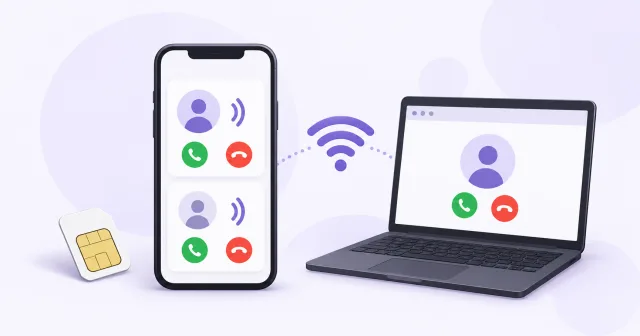 दो कॉल कार्ड वाले फ़ोन के पास ब्राउज़र, Wi-Fi और अलग SIM कार्ड।
