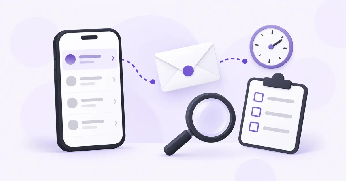 Un buzón SMS con sobre, lupa, reloj y lista de comprobación.