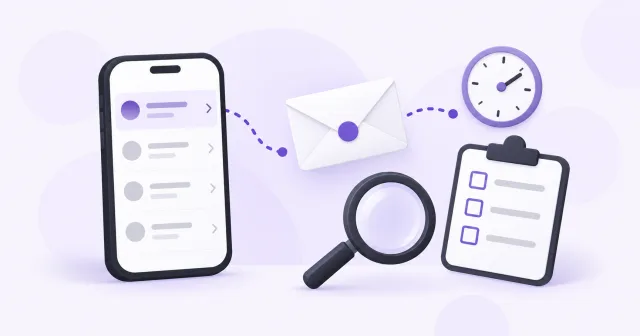 SMS इनबॉक्स के साथ लिफ़ाफ़ा, आवर्धक काँच, घड़ी और जाँच सूची।