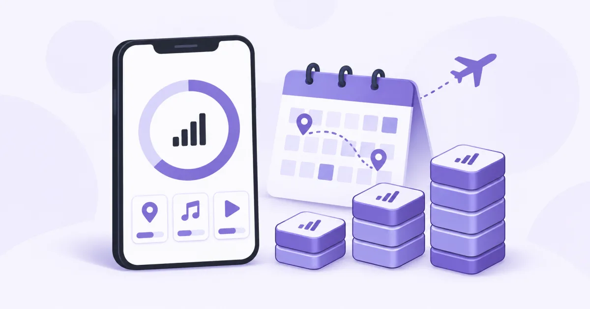 Un medidor de datos del móvil junto a mapas, música, vídeo y un calendario de viaje.