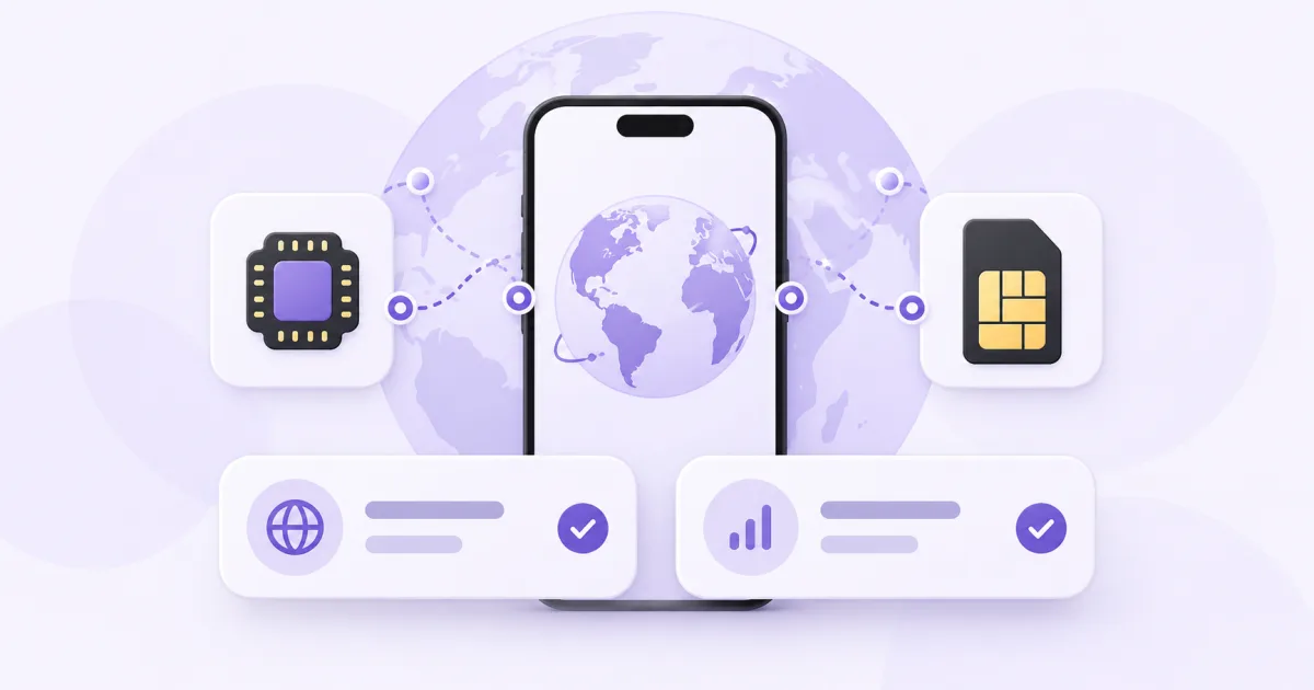Un móvil conecta con una eSIM y una SIM junto a un globo y dos tarjetas de plan.