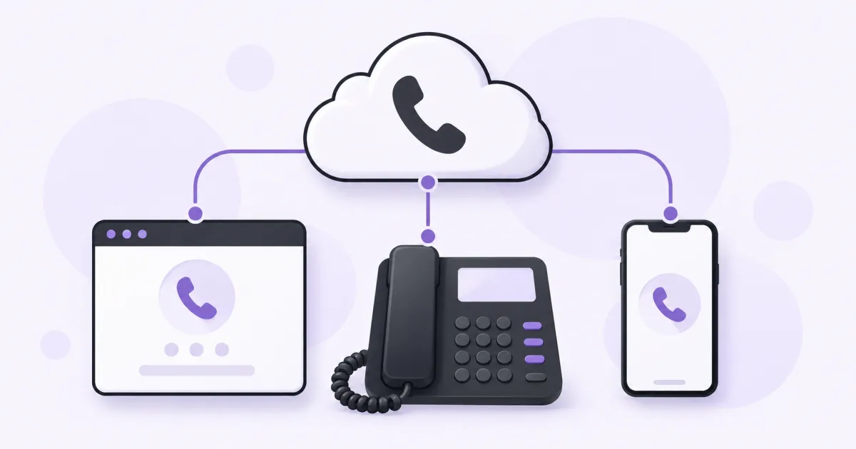 Una nube telefónica conecta un teléfono de navegador, uno de sobremesa y un móvil.