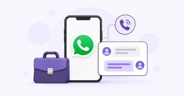 WhatsApp संदेश, व्यावसायिक ब्रीफ़केस और ग्राहकों से बातचीत।