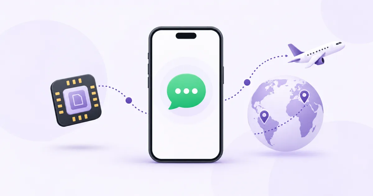 Un móvil con chat verde junto a una eSIM, globo y avión.
